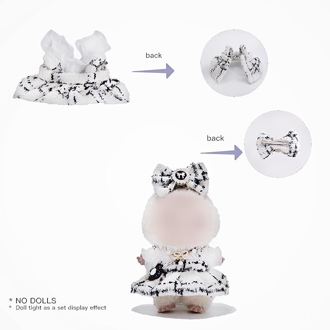 17cm Doll Clothes Set and Accessories Suit,(NO Doll) 5-Piece Set, Outfits for Clothes Set, Dolls Keychain Accessories, Includes Dress, White Clothes，Matching Hair Bow, Necklace, Bags(White)