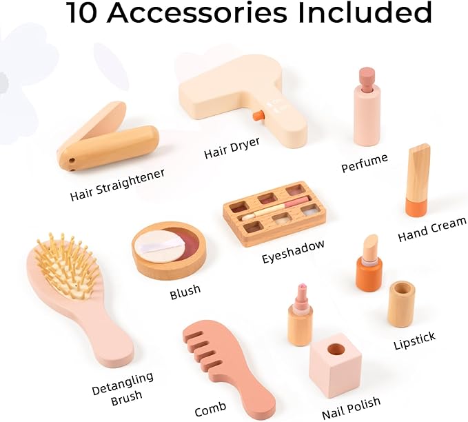 OOOK Wooden Vanity Makeup Table for Kids, Toddler Pretend Play Dressing Table with Mirror & Drawer, Vanity Toy with 10 Pcs Accessories, Gift for Little Girls Age 3+
