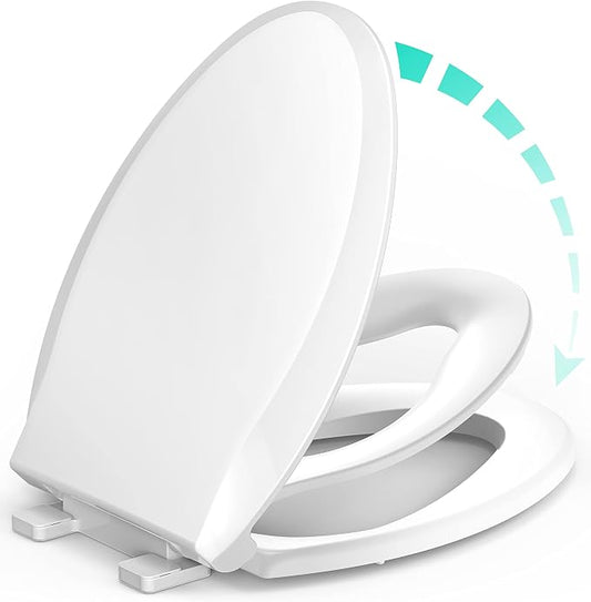 Elongated Toilet Seat with Built-in Potty Training Seat for Toddlers& Adults, Slow Close, Never Loosen, Heavy Duty, Ergonomic, Space Saving Toddler Toilet Seat(Elongated 18.5", Oval)