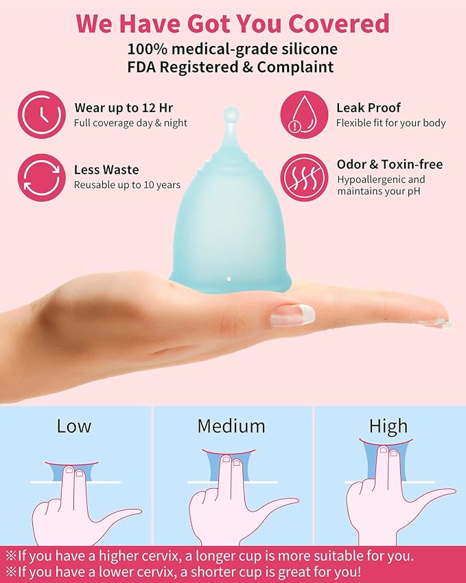 Reusable Menstrual Cup (Small & Large Size) Set of 2, Soft Silicone, Low or High Cervix, Safe Period Cup, Heavy & Light Flow, Feminine Hygiene, Tampons, Pads & Disc Alternative