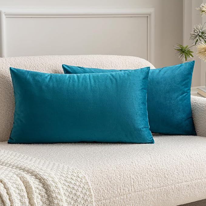 MIULEE 12x20 Inch Lumbar Velvet Throw Pillow Covers Teal | Pack of 2 Soft Solid Decorative Pillow Covers, Modern Luxury Home Decor, for Chair Couch Sofa Bedroom Livingroom
