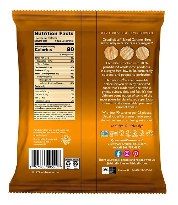 Drizzilicious Mini Flavored Rice Cakes Salted Caramel - Rice Crisps, Healthy Snack for Adults and Kids, Vegan, Gluten Free Snack, Allergen Free, Only 90 Calories Per Bag - 0.74 oz (Pack of 10)