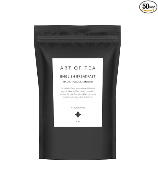 Art of Tea Organic English Breakfast Loose Leaf Black Tea, 4oz Refill Bag, Premium Whole Leaf Breakfast Tea, Smooth & Malty full bodied Black Tea, Strong Morning Tea for Hot Tea & Milk Tea