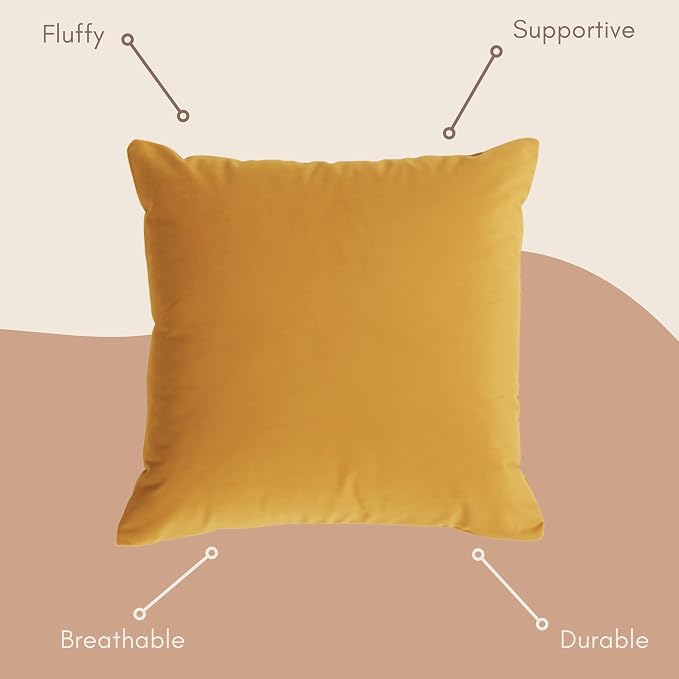 Solid Color Velvet Throw Pillow with Insert Included (Mustard Yellow, 20"x20"), Decorative Pillow for Sofa, Couch, Bed, Chair Cushion