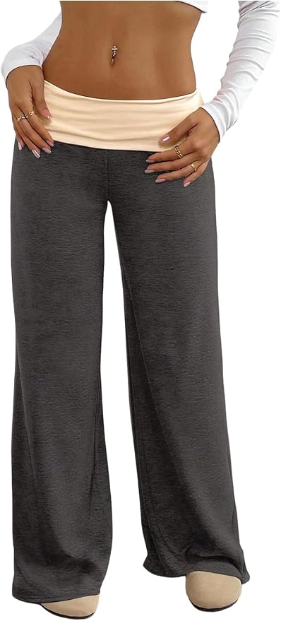 SOLY HUX Women's Sweatpants Color Block Low Rise Fold Over Waist Baggy Wide Leg Pants