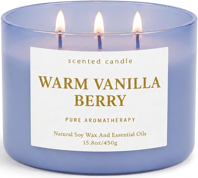 Warm Vanilla Berry 3-Wick Soy Candle, 15.8 oz Scented Candle for Home | Strawberry, Raspberry & Spice, Aromatherapy Relaxing, Highly Scented, Clean Burn, Summer & Fall Candle, Gift for Women & Men