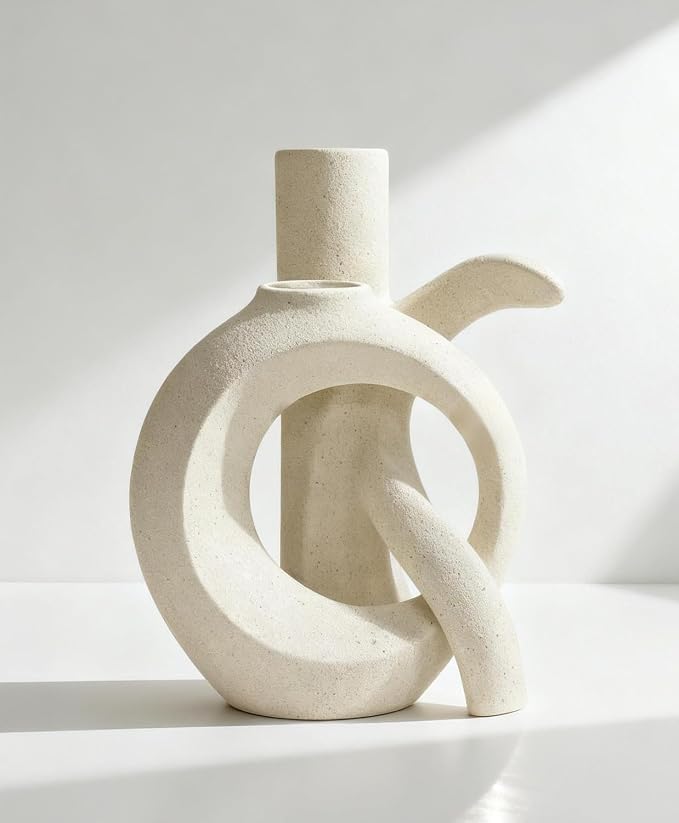 Ceramic Vase Set of 2, OK Shape, Modern Nordic Boho Home Decor - Matte Minimalist Decorative Vases for Living Room, Shelf, Wedding Centerpiece, Table Decor (Cream White)