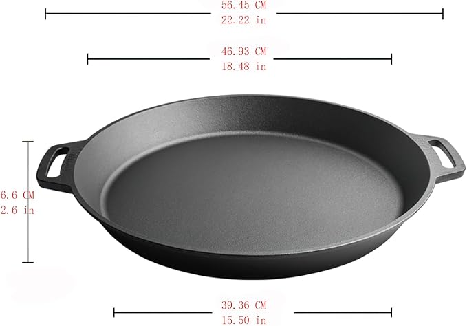 LI-GELISI 18-inch cast iron frying pan with double auxiliary handles, nitrogen-treated for rust resistance, suitable for stoves/grills/campfires, heavy-duty outdoor cooking pan