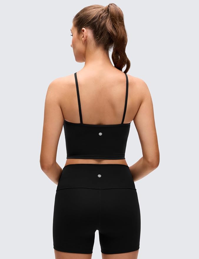 CRZ YOGA Butterluxe Cross Neck Crop Tank Tops for Women - Spaghetti Straps Square Back Padded Yoga Sports Bras