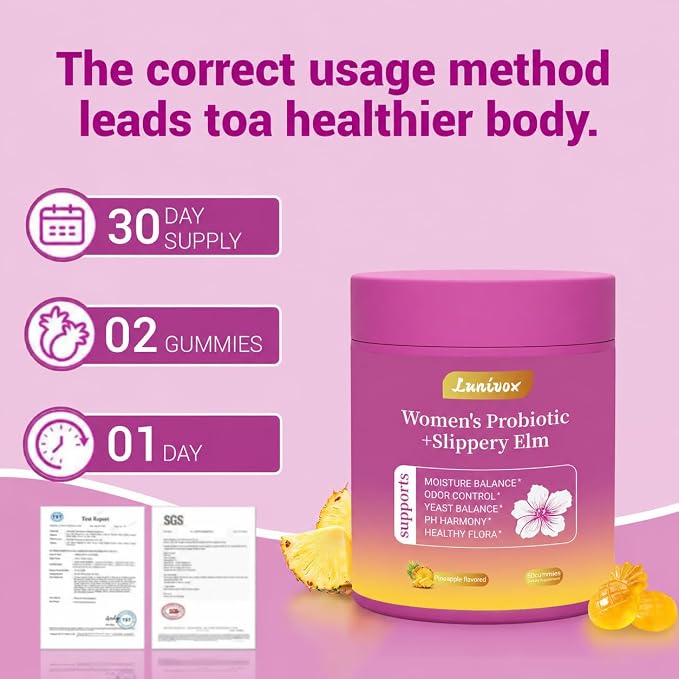 Her Juicy Feminine Probiotics Gummies for Women, with Prebiotics & Slippery Elm - Promotes pH Balance, Gut Health & Immune Support - Pineapple Flavor, 60 Count