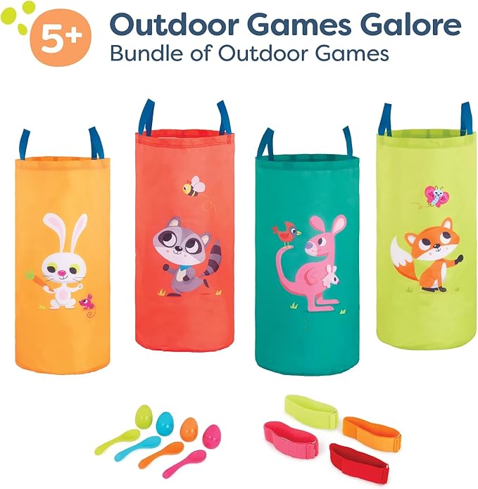 B. toys – 3 Outdoor Games for Kids – Racing Sacks & 3 – Legged Race Bands – Egg – and – Spoon Game – Birthday Party Games – 5 Years + – Outdoor Games Galore