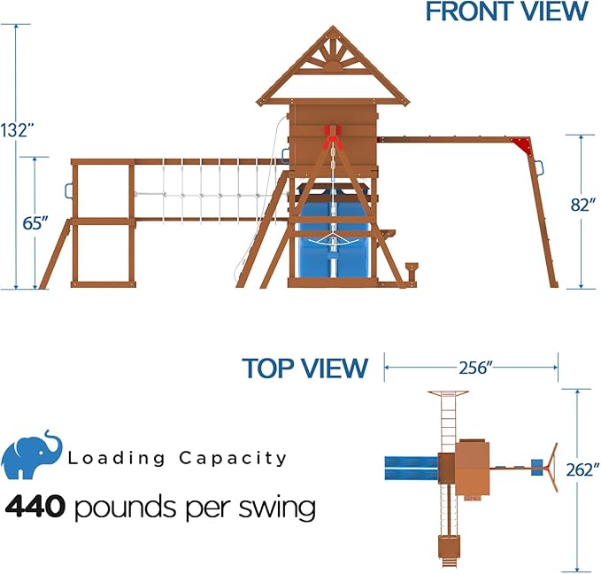 Dolphin Playground Wooden Swing Sets, Monkey bar, Plank Bridge with Rope Mesh, 2 Wave Slides, Large Climbing Wall, Outdoor Table, Saucer Swing, Playground Sets for Backyards, Outdoor Playset