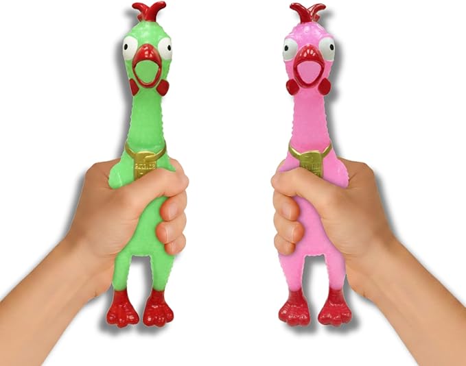 Animolds Squeeze Me Rubber Chicken Toy | Screaming Squeaky Chicken for Kids & Dogs | Novelty Prank Gag Gift (2 Pack Glow in The Dark)