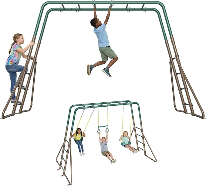 Hapfan Swing Sets for Backyard with Monkey Bars, Trapeze Bar & 2 Belt Swings, Heavy Duty Metal Playground Sets for Kids, Outdoor Jungle Gym Playset (Green & Brown)