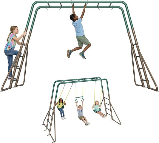 Hapfan Swing Sets for Backyard with Monkey Bars, Trapeze Bar & 2 Belt Swings, Heavy Duty Metal Playground Sets for Kids, Outdoor Jungle Gym Playset (Green & Brown)