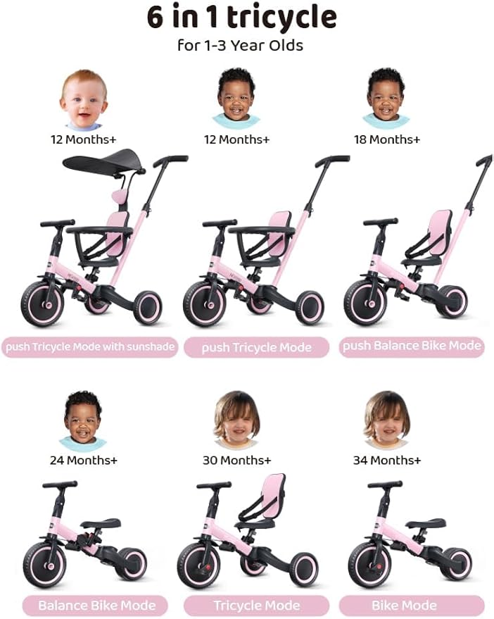 newyoo Tricycle for Toddlers 1-3, Toddler Tricycle with Push Handle and Canopy, Toddler Bike, Birthday Gift and Toys for Girl and Boy, 6 in 1 Baby Trike, Balance Bike, TR009, Pink
