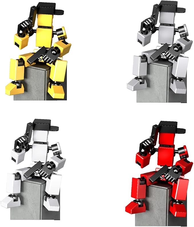 4-Pack Mini Action Figures Set - Assembled Robot Anime Figures with Movable Joints - Fidget Toys for Boys and Girls (White, Red, Grey, Yellow)