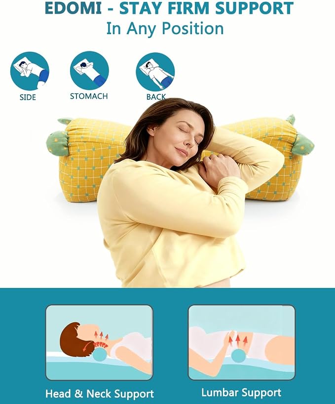 Buckwheat Neck Roll Pillow, Adjustable Hulls Filling Neck Support Bolster for Neck Pain Relief,16.5"x6.3" Cylinder Firm Travel Pillow for Sleeping Lumbar Support, Yellow