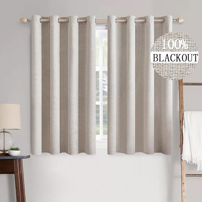 MIULEE 100% Blackout Linen Textured Curtains for Bedroom Solid Thermal Insulated Ivory Grommet Room Darkening Curtains & Drapes Luxury Decor for Living Room 52 x 45 Inch (2 Panels)