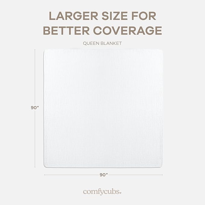 Comfy Cubs Adult Muslin Blanket 90x90” Queen Swaddle Blankets, White | 6 Layer Soft, Breathable & Lightweight Muslin Adult Blanket - Machine Washable & Designed in the US Bedding for All Seasons