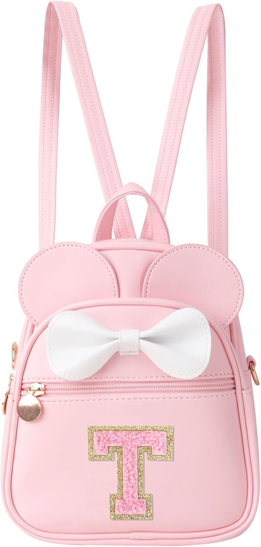 Personalized Toddler Backpack for Girls 3–10, Cute Mini Bowknot Mouse-Ear Toddler Bookbag Crossbody Purse, Small Daypack Wallet Set, Initial Birthday Gift, Trendy Little Kids/Teen Bag(Pink,T)