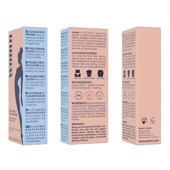 womn Liquid Body Powder for Women, Sweat, Chafing & Odor Relief 1.7 fl oz | Talc-free cream-to-powder formula. Absorbs moisture, helps reduce friction & odor. For groin, underboob & inner thighs.