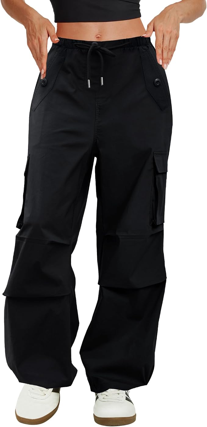 COPYLEAF Cargo Pants Women Low Waisted Parachute Pants with Pockets Loose Baggy Hiking Pants Y2K Clothes