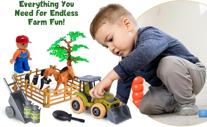 Take-Apart Tractor STEM Kit with Drill - DIY Farm Playset, Educational Construction Toy for Boys & Girls Ages 3–6, Solid Colors Gift