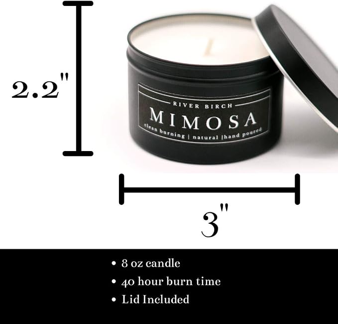 River Birch Candles Mimosa Scented Candle | Premium, All-Natural, Non-Toxic, Soy Candles | 8 oz. Black Matte Tin Travel Candle | Cozy Relaxing Gifts for Home