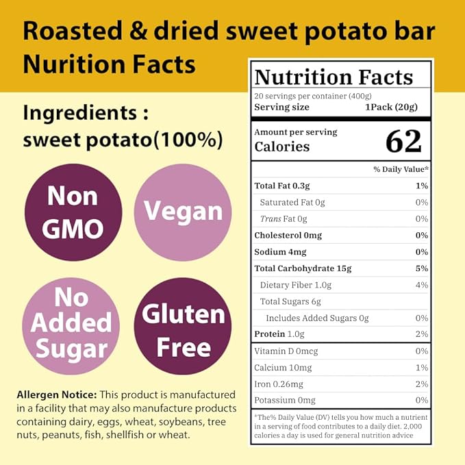 Korean Snacks, Sweet Potato LowCarb bar 20 Packs Individually Wrapped Healthy Korean Foods Natural Snacks Golf and travel Snacks to Enjoy Dried Natural 100% low calorie snack (0.7 Oz EA) Korean