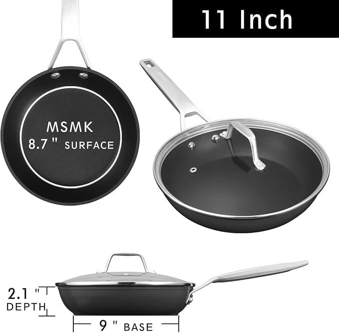 MsMk 11 Inch Nonstick Frying pan with Lid, Grey Large Cooking Pan Skillet | Non Toxic, Even Heating, Easy Clean, Dishwasher & Oven Safe, suitable for gas & electric & induction stoves, PFOA & PFAS Free