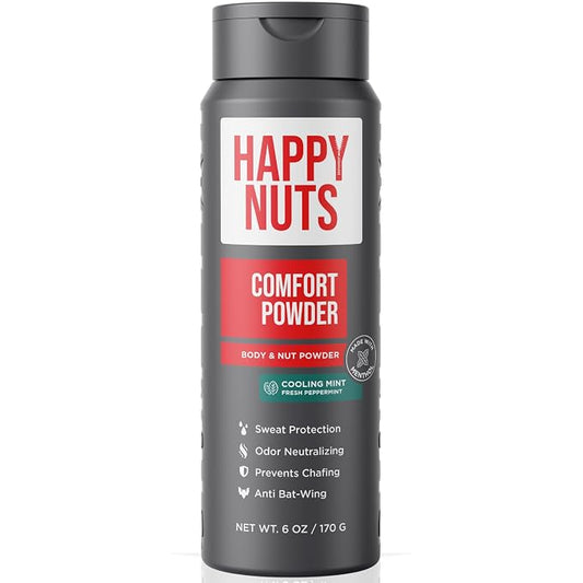 HAPPY NUTS Comfort Powder - Anti Chafing & Deodorant, Aluminum-Free, Sweat and Odor Control for Jock Itch, Groin and Men's Private Parts 6oz (6 Ounce (Pack of 1), Cooling Mint)
