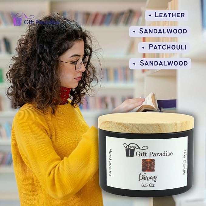Gift Paradise® Library Soy Wax Candle – 6.5 oz Black Metal Tin with Cotton Wick | Antique Sandalwood, Aged Books & Ancient Alexandria Scent | Hand-Poured Long-Lasting Home Fragrance