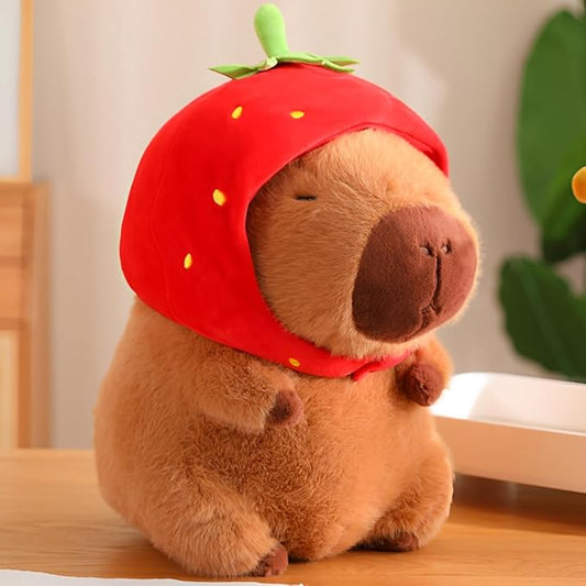 JPORSHU Capybara Plush Toy， 14inch Capybara Plush with Strawberry Hat， Kawaii Capybara Stuffed Animal and Home Decor Gifts