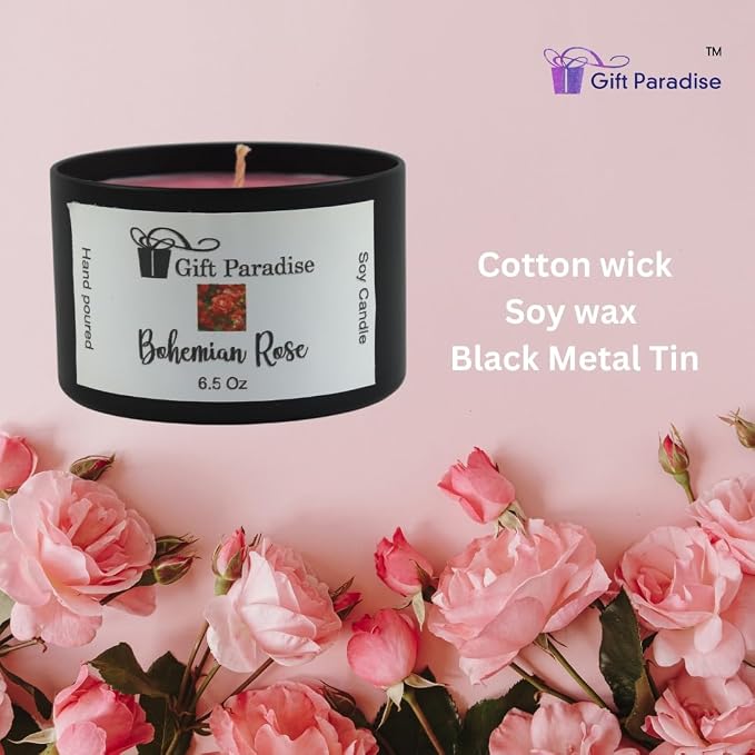 Bohemian Rose Soy Wax Candle in Black Metal Tin, 6.5 oz, Cotton Wick, Rose Garden, Floral Scented Candle
