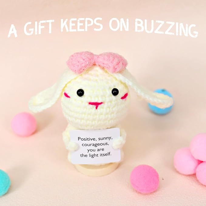 PARTY TONIGHT Mini Funny Positive Bunny Inspirational Gifts,Handmade Emotional Support Crochet Pink Bow Bunny for Women Men Coworker Positive Crochet Bunny Home Decor