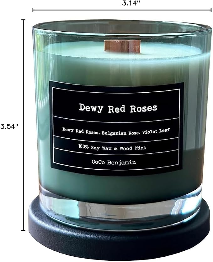 100% Soy, Highly Scented, Hand Poured Soy Candle (Dewy Red Roses (Wooden Wick))