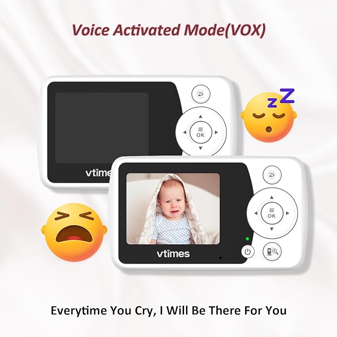 VTimes Baby Monitor with Camera and Audio, No WiFi, 2.4" LCD Screen, Two-Way Talk, Portable, Night Vision, 1000ft Range, Temperature Sensor, Alarm and Lullaby, for Baby Shower