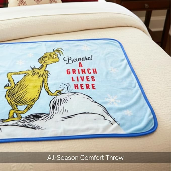 Dr. Seuss The Grinch Holiday Christmas Bedding Super Plush Cozy Throw, 40 in x 50 in, Bonus Grinch Hat Included (Officially Licensed Product) by Franco