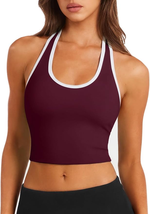 Halter Workout Top for Women: Open Back Sports Bra Color Block Tops with Built in Bra Yoga Gym Crop