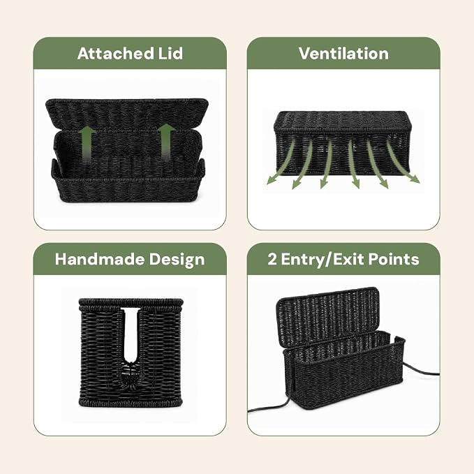 Cable Management Box, Handmade Rattan Cable Organizer with 2 Open Slots, Cord Hider for Power Strip, Router & USB Hub, Registered U.S. Design Patent (D1,112,102), 13" x 5.1" x 5.1", Black