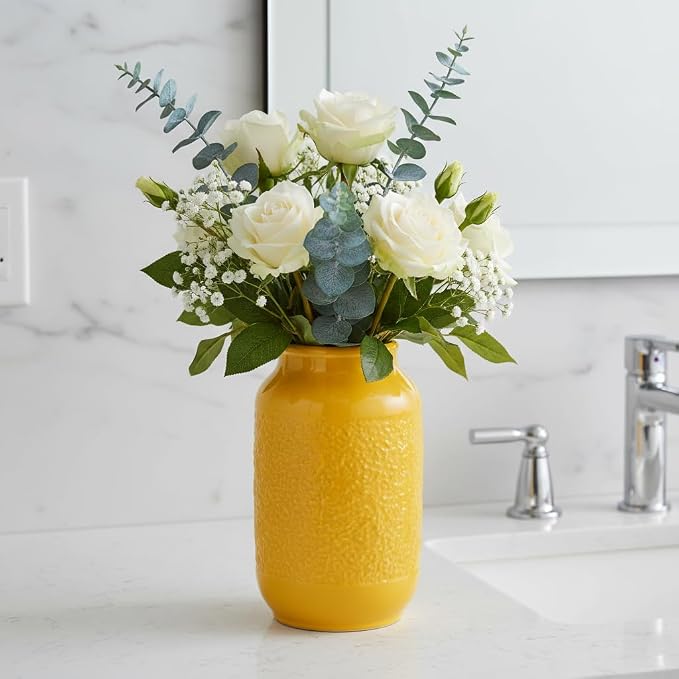 9 Inch Yellow Ceramic Vase for Flowers - Textured Mustard Round Cylinder Flower Vase - Modern Decorative Pottery - Boho Home Decor Centerpiece for Table, Bookshelf, Mantle, Fall Decoration
