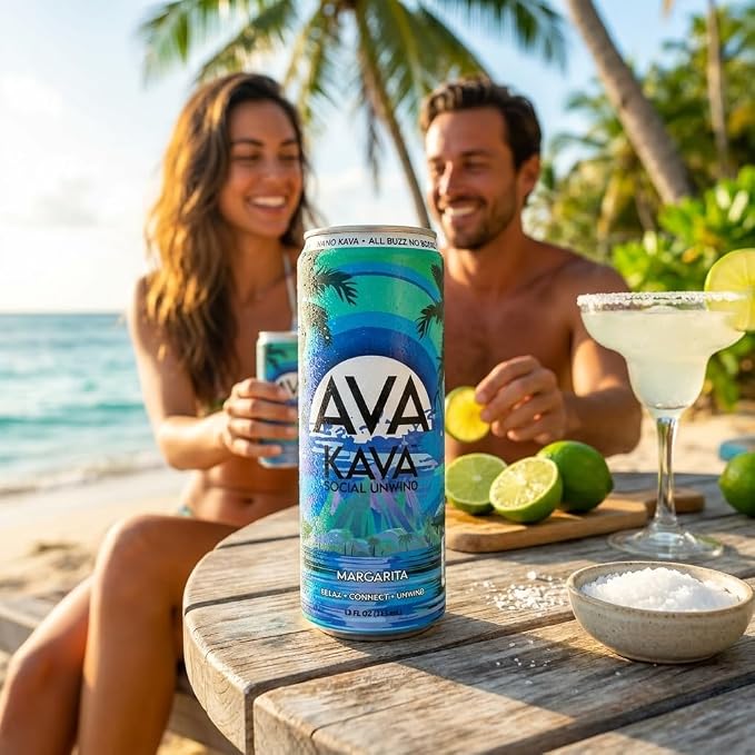 AVA Kava | Alcohol-Free Relaxation Drink | Margarita | Fast Acting Nano Kava • Zero Sugar Alcohols • Vegan • Plant Based • No Preservatives • Natural Flavors • Non GMO • Gluten Free | 12oz Cans (6-Pack)