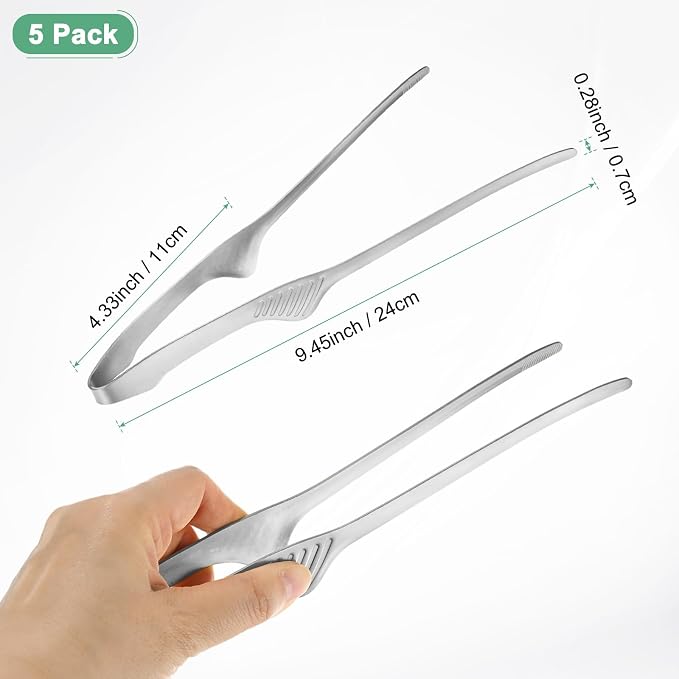 M METERXITY 5 Pcs Korean and Japanese BBQ Tongs 9.5 Inch Barbecue Tongs 430 Stainless Steel Kitchen Self-Standing Grill Non-Slip for Grill/Salad/Camping/Cooking[Silver]