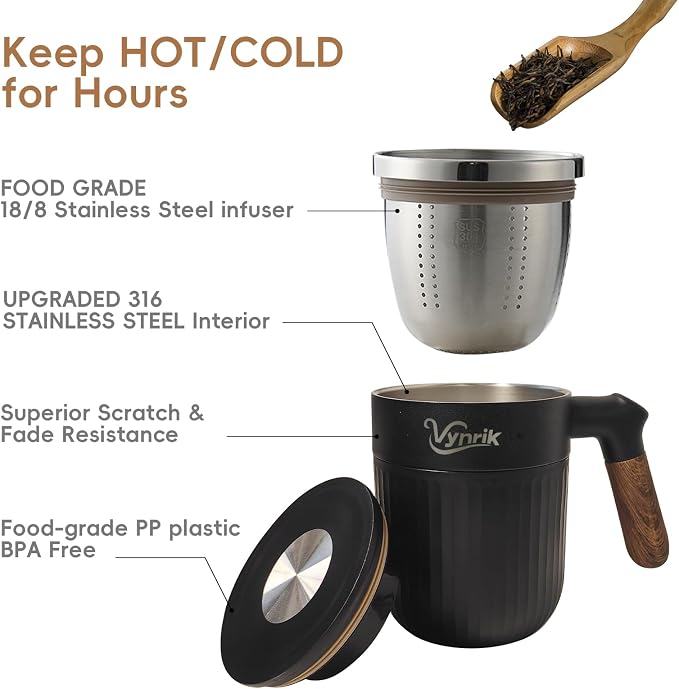 Tea Infuser Cup doubles as Insulated Coffee Mug,Tea Cup with Lid and Handles,Removable Stainless Steel Tea Strainers for Loose Tea (BLACK)