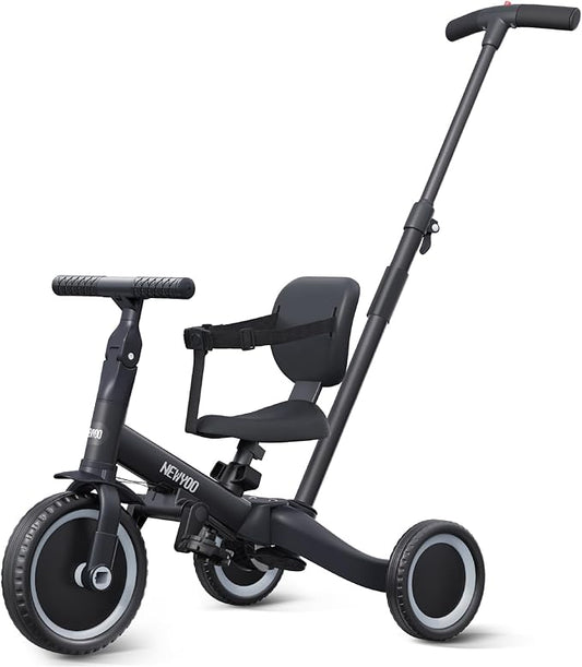newyoo Toddler Bike, Tricycle w Push Handle for 1-3 Year Old, Birthday Gifts and Toys for Boy's and Girl's Birthday, Convertible 5 in 1 Baby Balance Bike, Kids Outdoor Riding Toys, Black, TR007