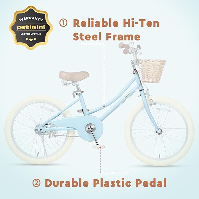 Petimini Vintage Kids Bike for Girls, 12–20 Inch Classic Bicycle with Wicker Basket & Bell, High Tensile Steel Frame, Training Wheels (12–18”), 85% Pre-Assembled, Retro Bike for Outdoor Riding