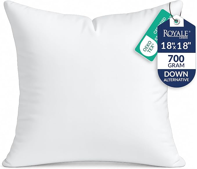 ROYALE LINENS 18 x 18 Pillow Insert - Down Alternative Throw Pillows Insert - Square Pillow Pack of 1 White - Bed & Couch Pillows - Inner Cushion for Bed, Cushion for Living Room - Shams Stuffer