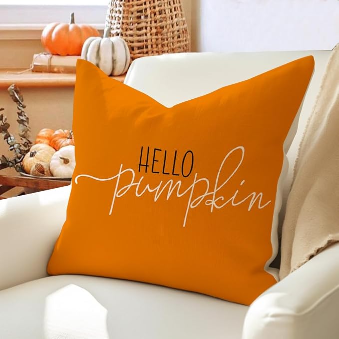 RABUSOFA Fall Pillows Covers 18x18 Autumn Hello Pumpkin Pillows Decorative Throw Pillows,Lumbar Outdoor Thanksgiving Cushion Cover Farmhosue Fall Decor for Couch Sofa Burnt Orange