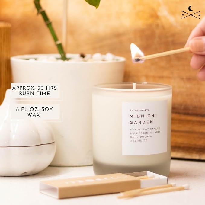 Slow North Midnight Garden Candle - Essential Oils and Pure Soy Wax Candle in a Reusable Frosted Glass Jar - A Unique Scented Candle Hand-Poured in the USA (8 oz)
